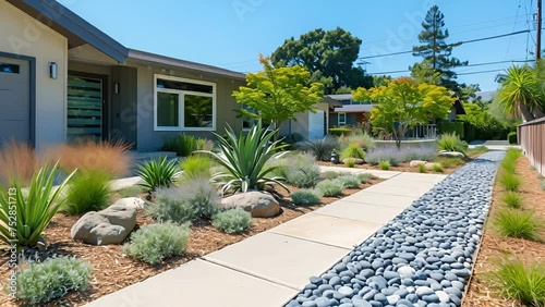 The front yard has been transformed into a droughtresistant landscape with lowmaintenance plants and rockscape design. A paved walkway leads to the front door creating a stylish