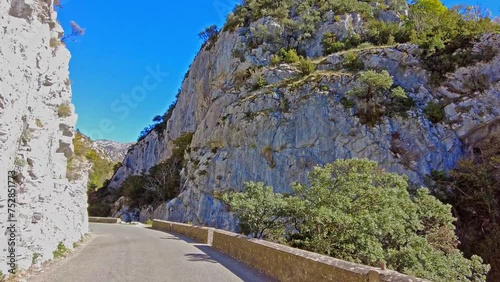 Driving through the Valley of Hecho in the Spanish Pyrenees in autumn, Spain in Europe photo