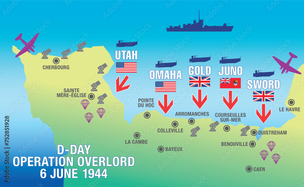 D-Day 6 June 1944, Operation Overlord, Normandy landings of World War II, landing beaches map with symbols and flags, vector illustration - obrazy, fototapety, plakaty 