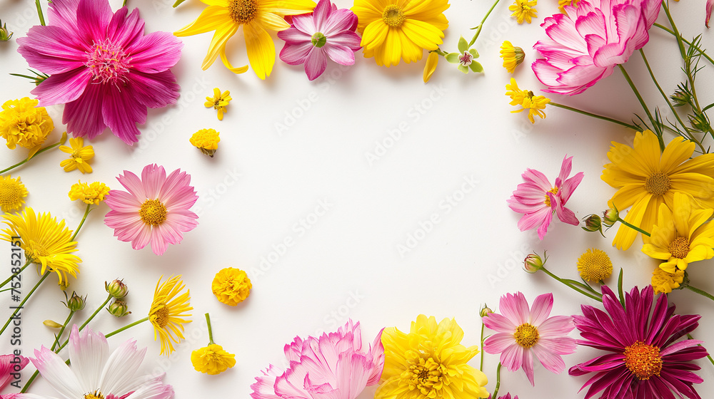 カラフルでシンプルな春のお花、植物のコピースペースのある写真フレーム背景素材