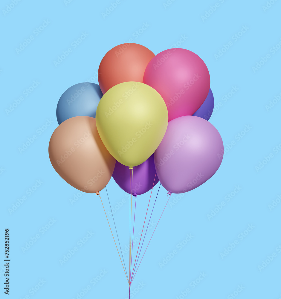 Bunch of colorful balloons isolated on blue background. 3d rendering