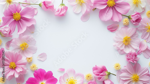 カラフルでシンプルな春のお花、植物のコピースペースのある写真フレーム背景素材ピンク
