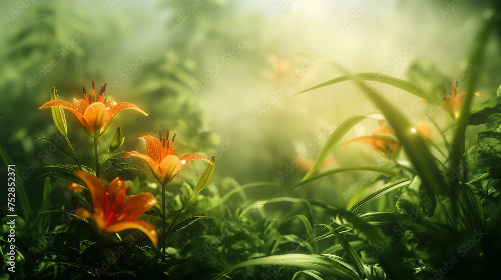 Spring time lily garden in the fog with sunlight near it, eroded surfaces, soft-focus portraits, adventure themed, monumental forms, close-up
