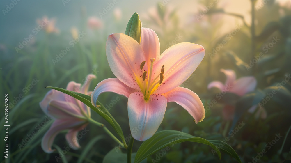 Fototapeta premium Spring time lily garden in the fog with sunlight near it, eroded surfaces, soft-focus portraits, adventure themed, monumental forms, close-up