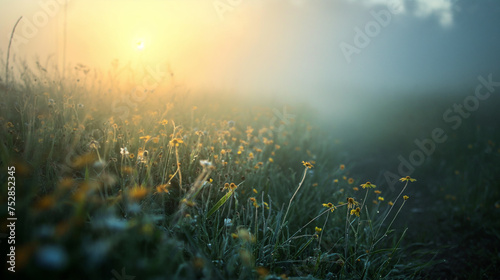 Spring time daisy garden in the fog with sunlight near it, eroded surfaces, soft-focus portraits, adventure themed, monumental forms, close-up
