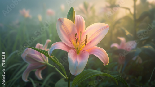 Spring time lily garden in the fog with sunlight near it, eroded surfaces, soft-focus portraits, adventure themed, monumental forms, close-up 