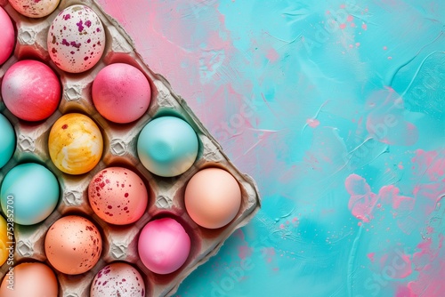 Top view photo of A wonder vibrant egg carton filled with colorful Easter eggs on joy blue and pink textures background. photo