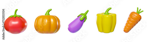 3d vegetables simple icon set. tomato, pumpkin, eggplant, bell pepper and carrot. collection of food items sign, symbol. 3d rendering