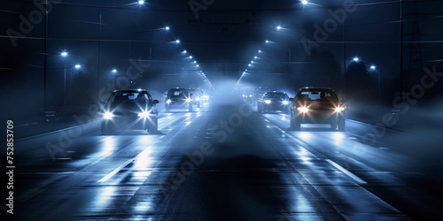 Nocturnal City Drive with Illuminated Headlights. A captivating night scene on a wet city street, showcasing a lineup of vehicles with headlights piercing through the darkness.