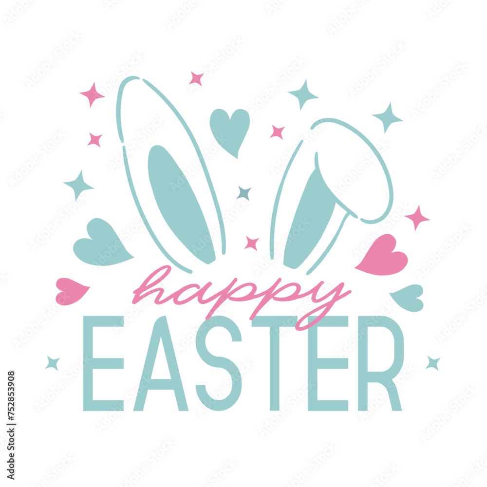 Obraz premium Cute easter lettering composition with rabbir ears and hearts in pink and blue colors