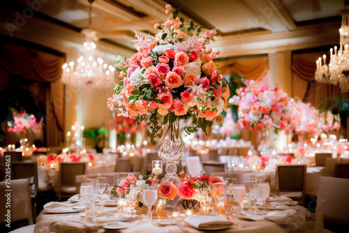 Elegant wedding reception table with floral centerpiece and warm candlelight creating a romantic setting for a celebration.