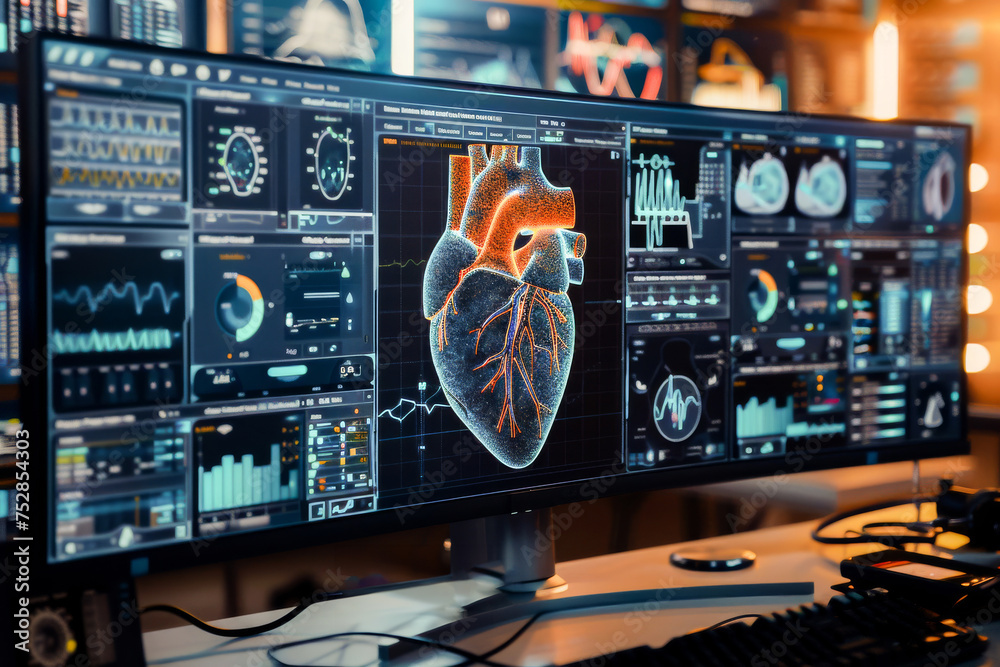 Futuristic medical technology display showing a 3D heart model with health monitoring graphs and data. - obrazy, fototapety, plakaty 