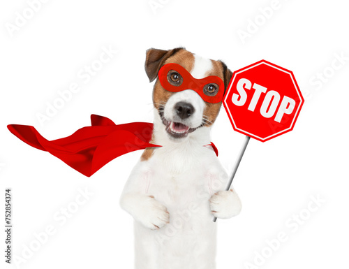 Funny jack russell terrier puppy wearing superhero costume showing stop sign. Isolated on white background