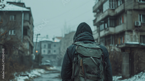 Ein Mann mit Rücksack geht durch eine arme oder zerstörte Stadt vielleicht eine Wirtschaftskrise oder Krieg photo