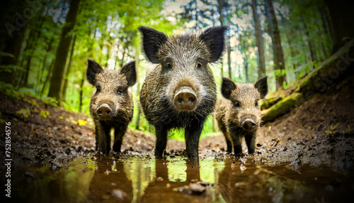 Closeup, front view and bottom view of a family of wild boar standing inside a muddy puddle in the green forest looking at the camera. Generative Ai.