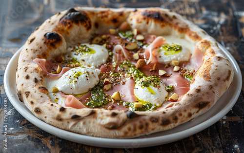 Traditional Italian Pizza  baked in a wood oven  with Burrata  zucchini and smoked salmon. emblem of Italian cuisine