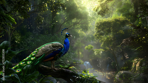 beautiful peacock in tranquil forest nature landscape