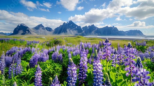 Piękny słoneczny dzień i łubin kwitniemy na przylądku Stokksnes w Iceland.