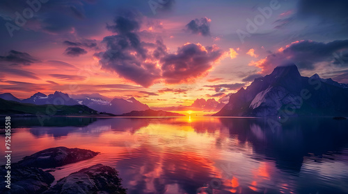 Piękny wschód słońca w Norwegii - lofoty