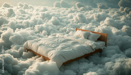 A dreamy bedroom scene where a cozy bed seems to nestle amidst a floor of fluffy white clouds - invoking surreal dreams and calm - wide format photo