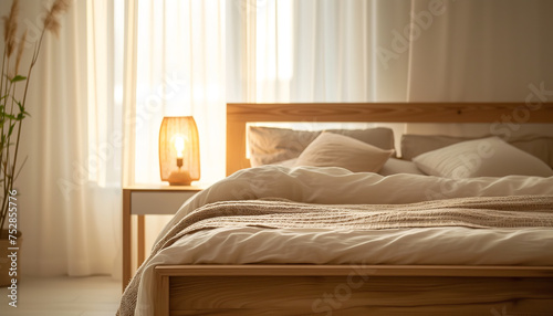 Minimalistic wooden bed frame in a serene bedroom settin - wide format