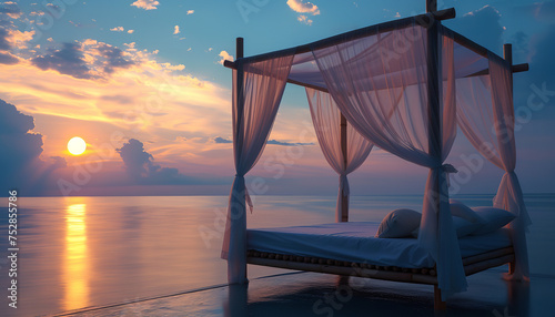 Elegant canopy bed adorned with sheer curtains stands prominently against a backdrop of the twilight sky - merging dreams with reality wide format © Davivd
