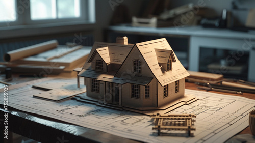 A house model placed on a blueprint on a work desk, symbolizing architectural planning and design in the construction or real estate industry.