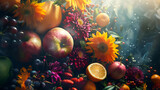 Fresh tropical fruits background with cinematic light shadows