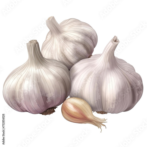 Garlic set. Garlic close-up. A bunch of rustic garlic. Garlic cloves. Isolated on a transparent background