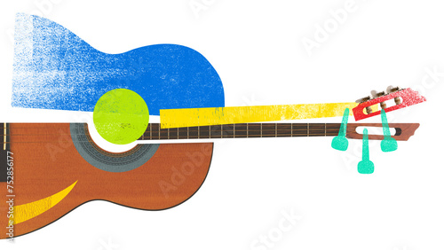 Poster. Contemporary art collage. Acoustic guitar overlaid with vibrant abstract shapes and musical note. Concept of music festivals, concert and parties, fusion of classic and modern art.
