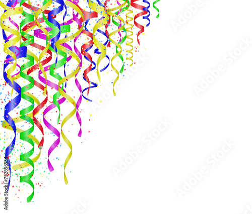 Holiday Curly colorful shiny streamer on white background. Hanging celebration carnival ribbons. Empty space for text