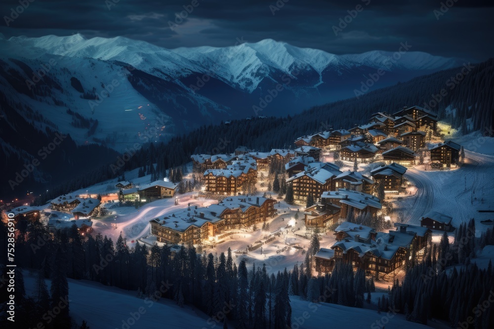 Ski Resort at Night: Lights from the slopes and resort buildings.