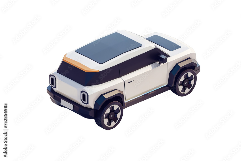 A cutting-edge electric crossover, unbranded, in silver, white, and black, depicted in isometric, minimalist style with octane render