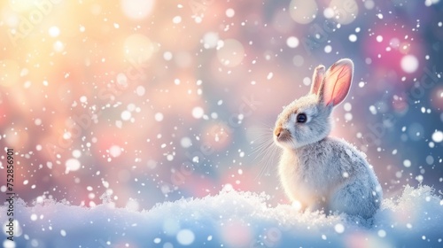 Charming hare in snowy forest with blurred background, creating a serene winter scene.