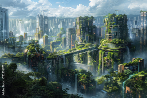 a digital painting of a futuristic city built around nature, with vertical gardens and green rooftops. © ebhanu