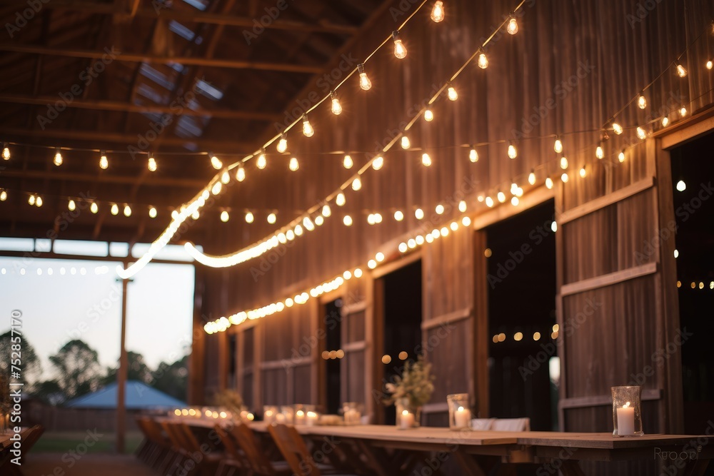 Rustic Barn Wedding: String lights in a barn wedding venue.