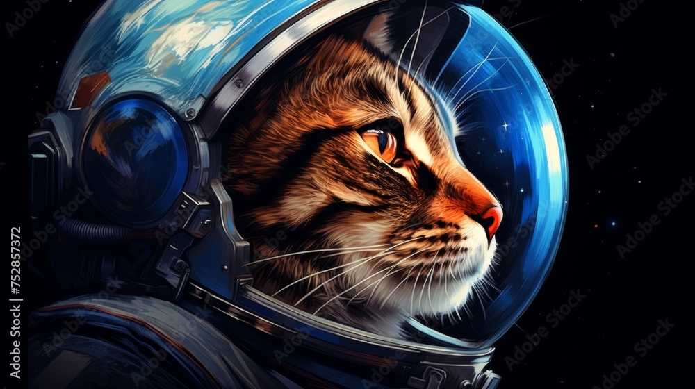 A cat in an astronaut helmet gazes into space, with Earth reflected in the visor, set against a starry backdrop - obrazy, fototapety, plakaty 