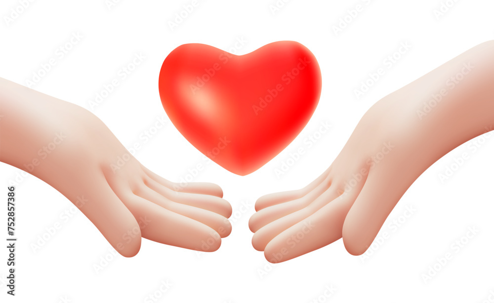 Vector care illustration of gesture hand hold red heart on white color background. 3d style design of man white skin hand give heart Vector care illustration of gesture hand hold red heart on white color background. 3d style design of man white skin hand give heart