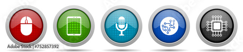Technology icons, miscellaneous buttons such as computer mouse, tablet, microphone, chip and cpu, circle glossy web icon collection
