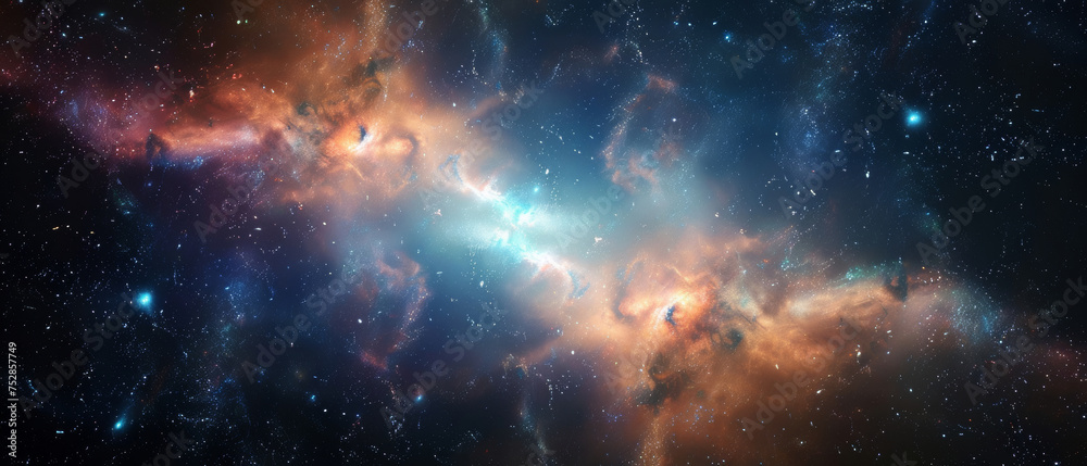 Obraz premium Ethereal cosmic cloudscape with vibrant interstellar nebula.
