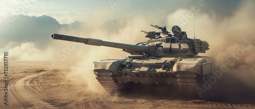Military tank advances through desert dust under a tense sky. photo