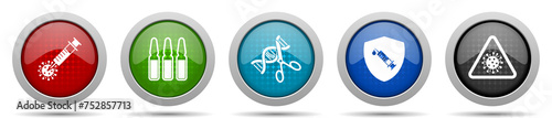 Covid-19 icons, miscellaneous buttons such as vaccine, ampule, dna, shield and flu, circle glossy web icon collection