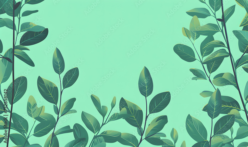 Green leaves and stems on a Turquoise background,Generative AI  - obrazy, fototapety, plakaty 