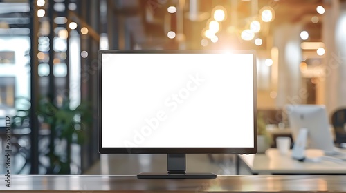 Blank white LCD screen, mouse and keyboard on top table, on office blurred background, for mock-up.