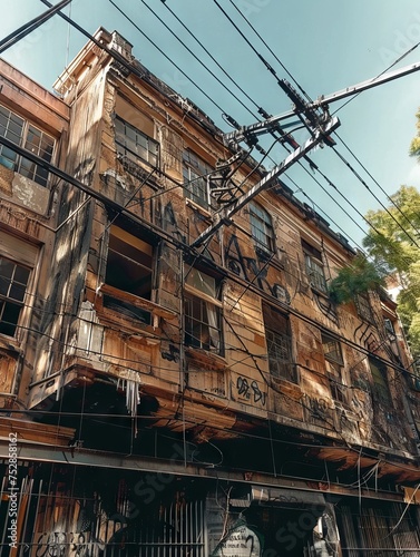 Weathered urban building with graffiti and a tangled network of electrical wires against a clear blue sky. © TPS Studio