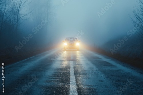 Car is driving through the fog. Poor visibility. Created with Generative AI technology.