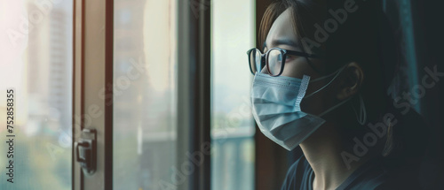 Thoughtful woman with mask looks out the window, contemplating the pandemic world.