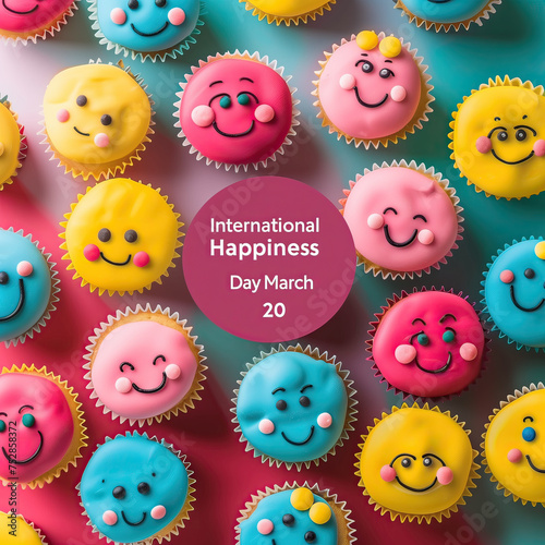 Grupo de pastelitos de colores vivos, sonrientes para celebrar el día internacional de la felicidad, el 20 de Marzo, especial conmemoración dulce y apetecible como la felicidad misma, papelería, token photo