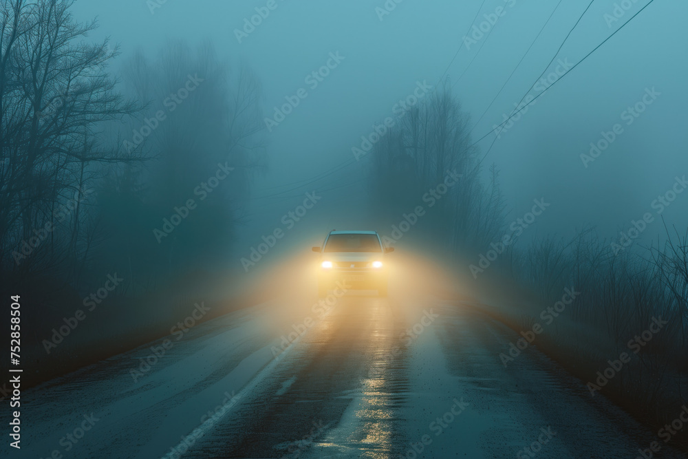 Car is driving through the fog. Poor visibility. Created with Generative AI technology.