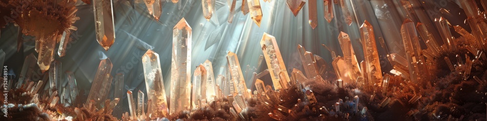 Crystal spire forest at dawn rays of light refracting through towering quartz structures - obrazy, fototapety, plakaty 